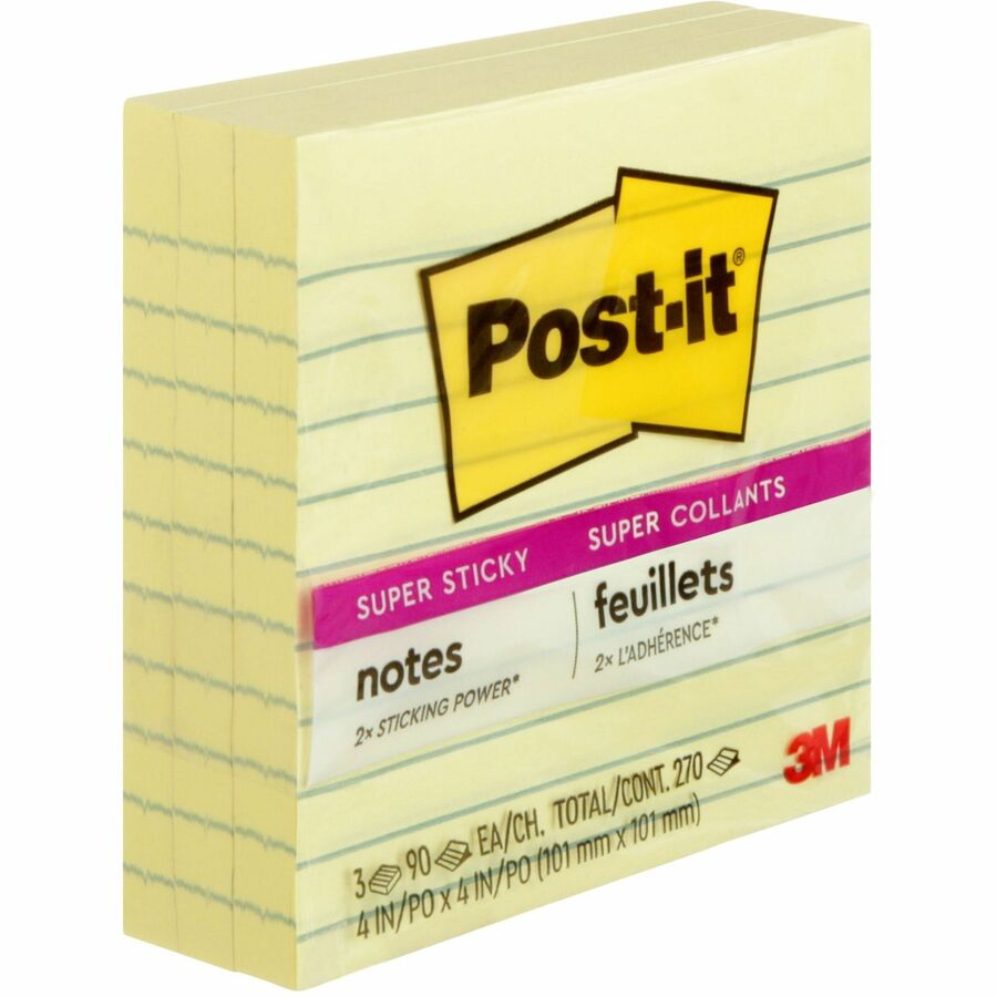 Post-it® yellow ruled super sticky notes pad - 4" x 4" - Pack of 3