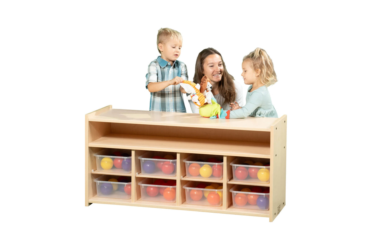 Meuble de rangement bas en mélaminé avec 8 bacs
