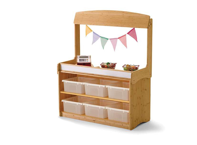 Bamboo Make-Believe Stand (With 6 Clear Large Open Tubs)