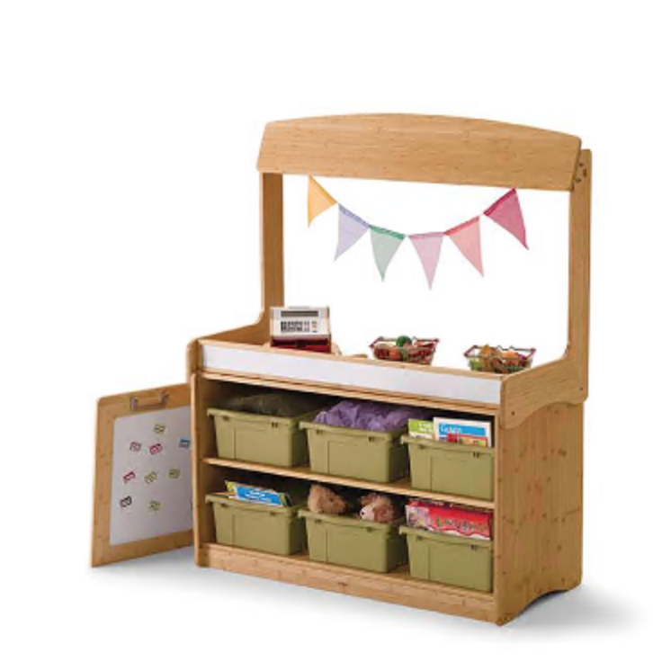 Bamboo Make-Believe Stand with Hideaway Panel (With 2 Shelves & 6 Sage Open Tubs)