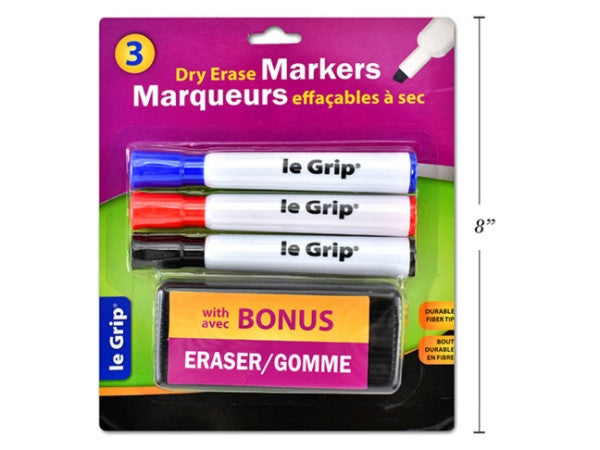 Dry Erase Marker Chisel Tip with Eraser : 3Pc