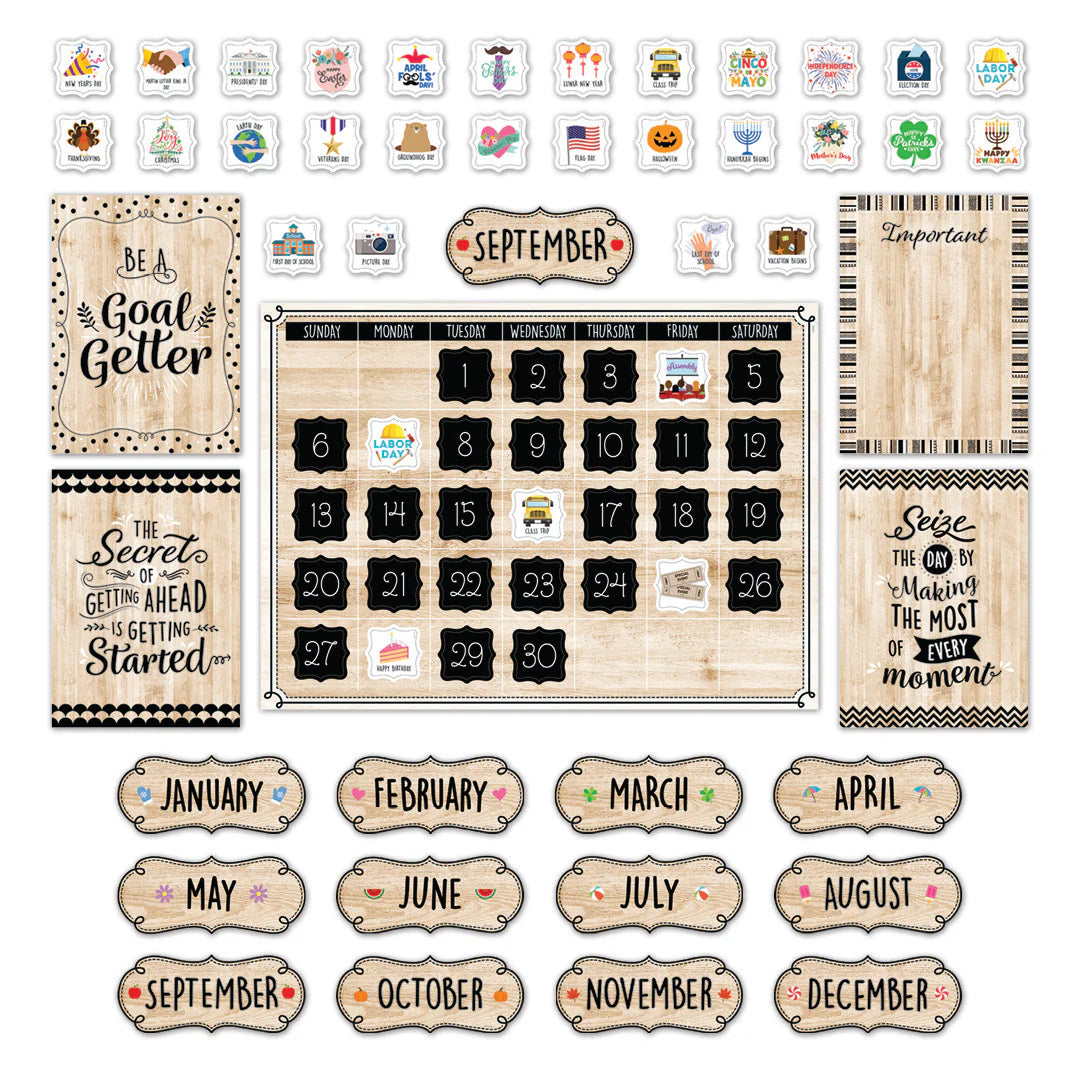 Black, White, and Wood Calendar Set - 87-Piece