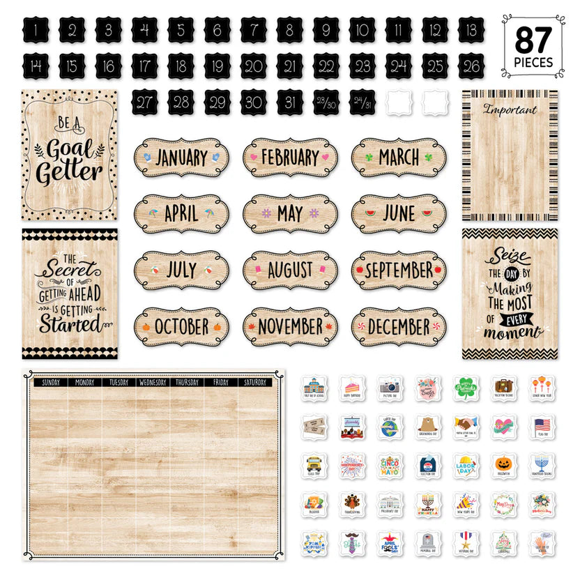 Black, White, and Wood Calendar Set - 87-Piece