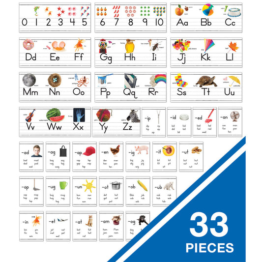 Ligne d'alphabet photographique : Ensemble de panneaux d'affichage manuscrits pour la maternelle au CE1