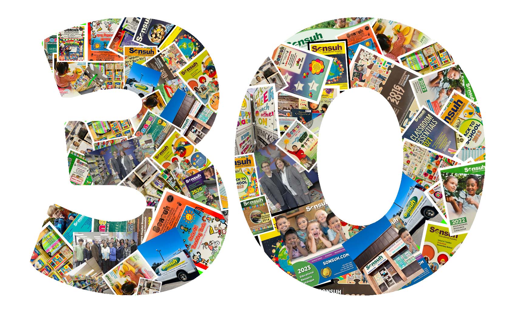Collage of images in the shape of the number '30' on a white background