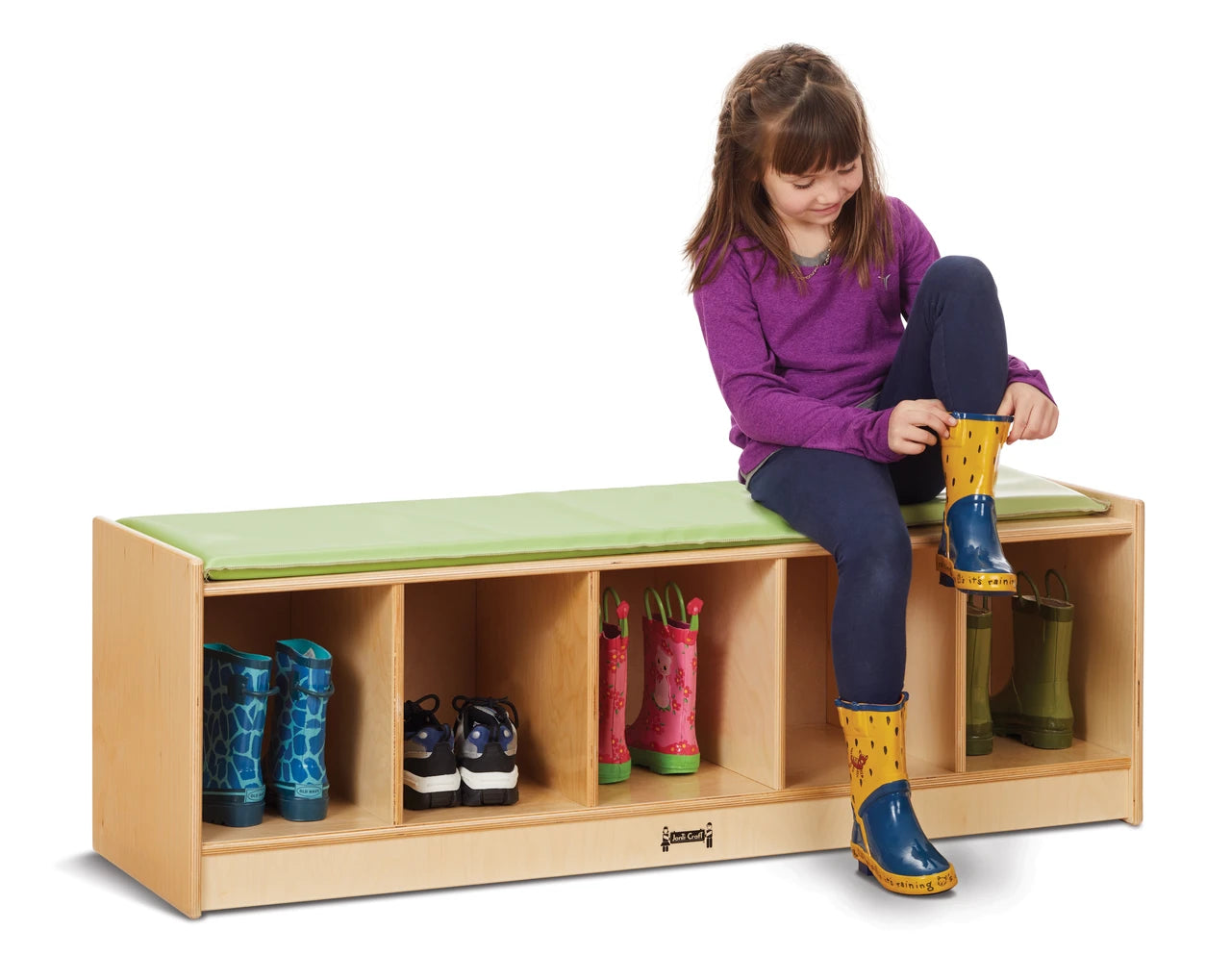 Casier-banc Jonti-Craft® à 5 sections. Avec coussin coloré au choix