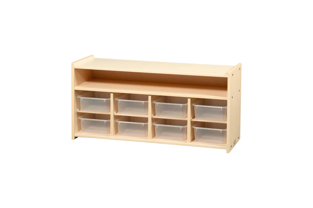 Meuble de rangement bas en mélaminé avec 8 bacs
