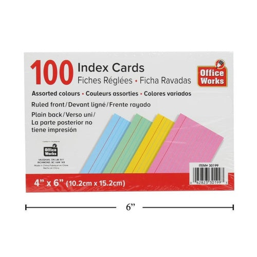 Ruled Index Cards - 4" x 6" - Assorted Colours - 100 Cards