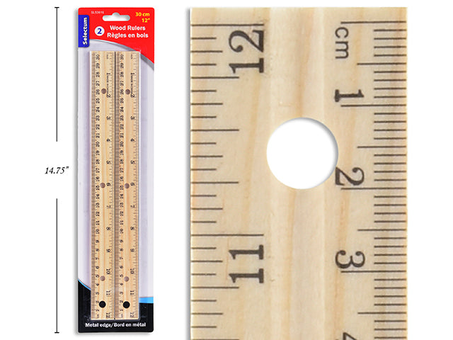 30cm/12" Wood Rulers With Metal Edge - Pack of 2