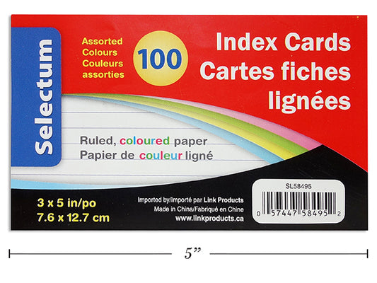 Index Cards - Assorted Colours - Ruled - 3" x 5" - Pack of 100