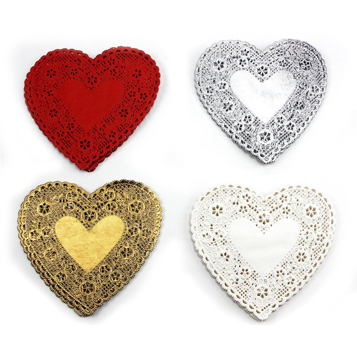 Assorted Heart Doilies - 100/pk (Gold, Silver, Red, and White)