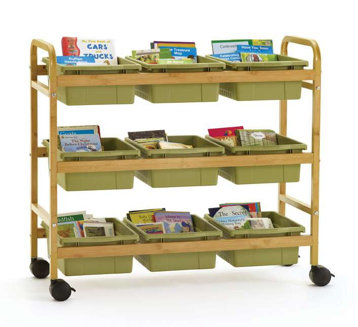 Bamboo Book Browser Cart with Sage Tubs