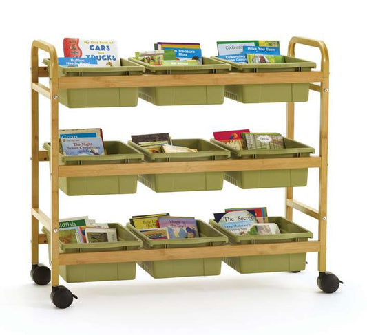 Bamboo Book Browser Cart with Sage Tubs