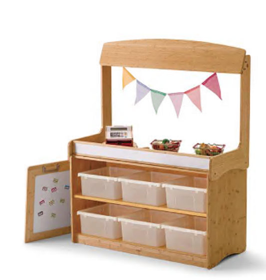 Bamboo Make-Believe Stand with Hideaway Panel (With 2 Shelves & 6 Clear Open Tubs)