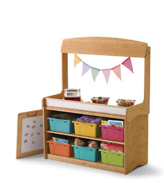 Bamboo Make-Believe Stand with Hideaway Panel (With 2 Shelves & 6 Vibrant Open Tubs)