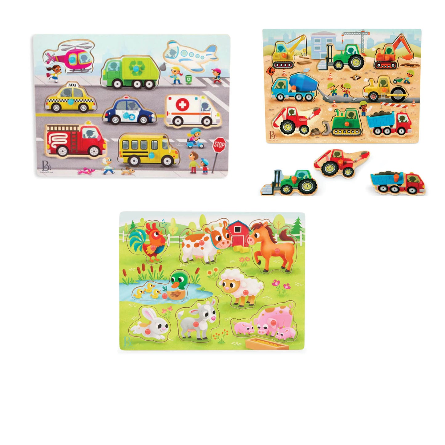 Emergency Vehicle, Construction Trucks, and Farm Animal Peg Puzzles (Set of 3)