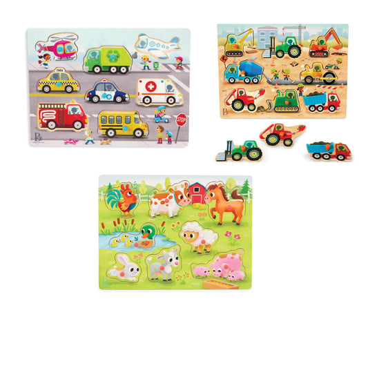 Emergency Vehicle, Construction Trucks, and Farm Animal Peg Puzzles (Set of 3)