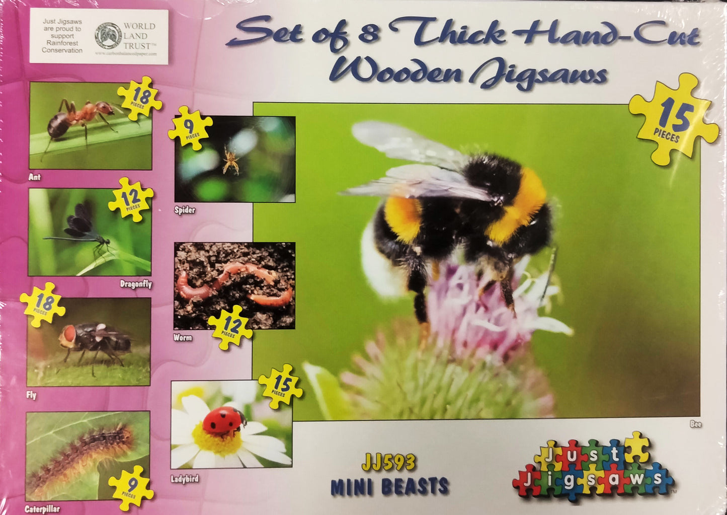 Set of 8 Thick Hand-Cut Wooden Jigsaws - Mini Beasts