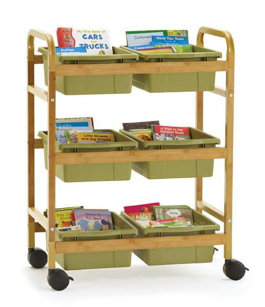 Small Bamboo Book Browser Cart with Sage Tubs